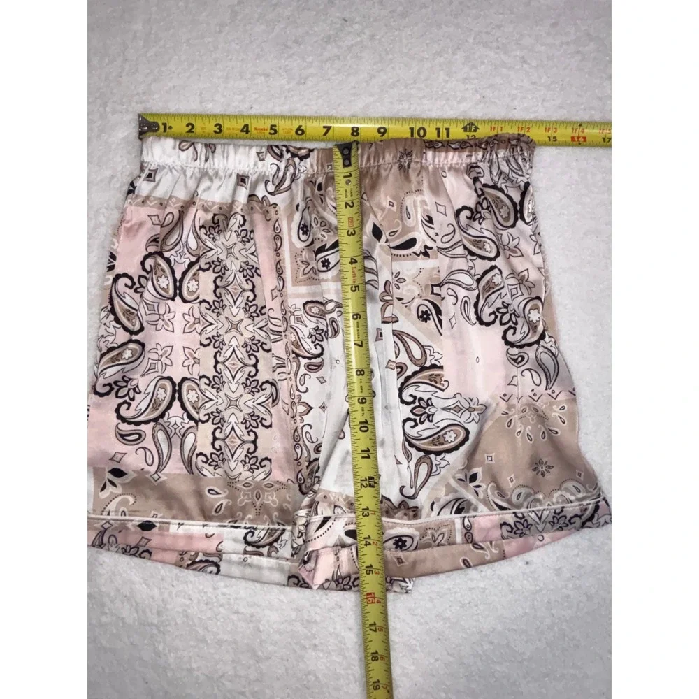 Como Sleep Mens Satin Pajama Set Medium Tan Pink Paisley‎ Bandana Print 2pc PJ